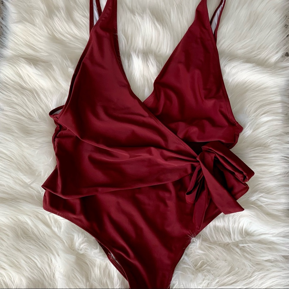 CupShe Surplice One Piece Swimsuit - Wine Red